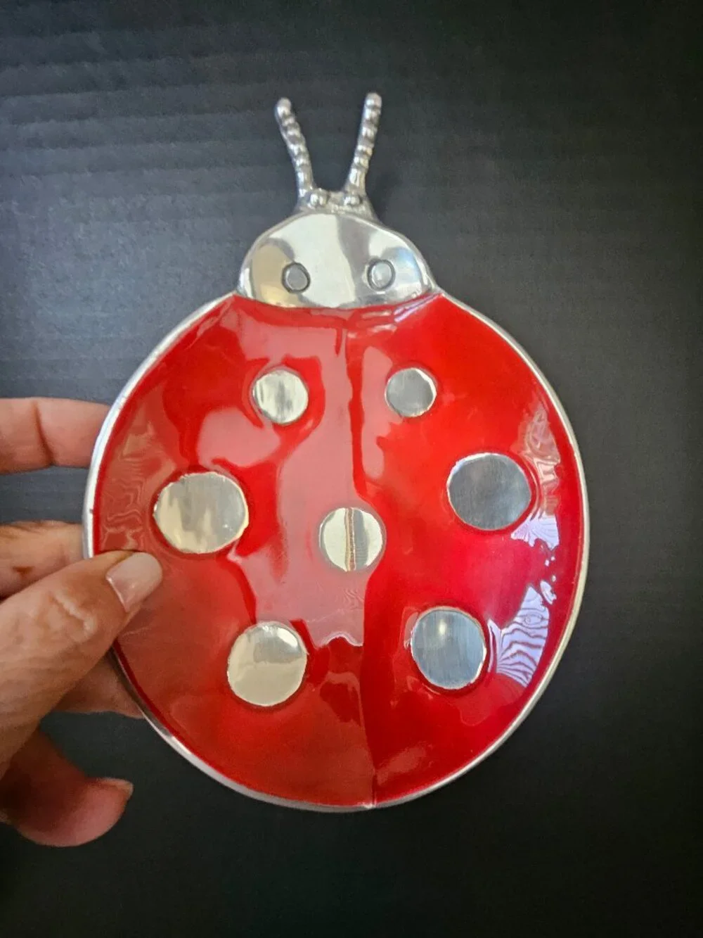 Mariposa Handcrafted Ladybug Candy Dish Beveled Aluminum And Red Enamel Bowl